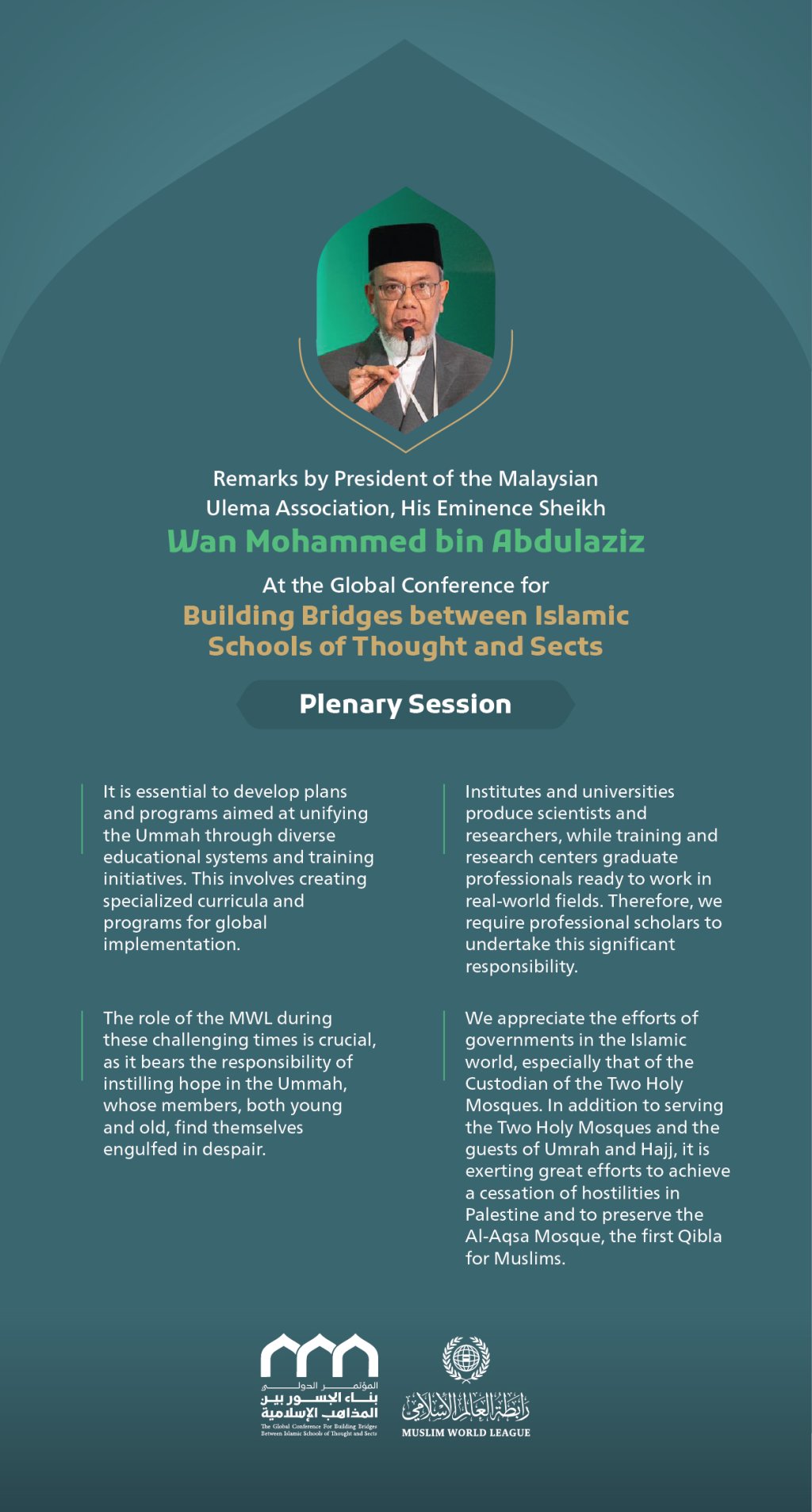 “Instilling hope in the Ummah,” Remarks by His Eminence Sheikh Wan Mohammed bin Abdulaziz, President of the Malaysian Ulema ‎Association at the Global Conference for Building Bridges between Islamic Schools of Thought and Sects.