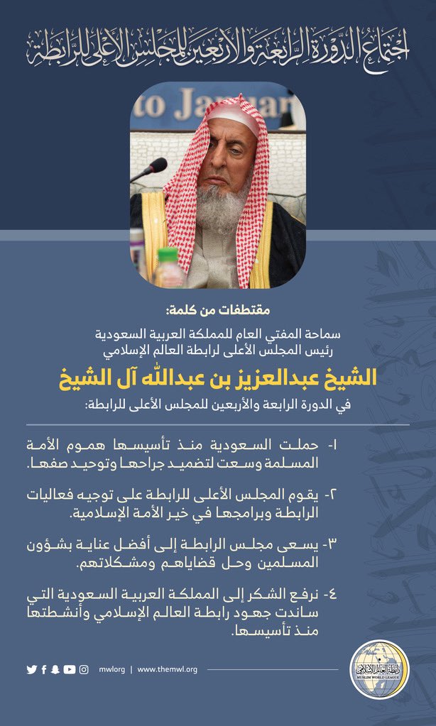 مقتطفات من كلمة سماحة الشيخ عبدالعزيز آل الشيخ، "مفتي عام المملكة العربية السعودية" خلال أعمال المجلس الأعلى لرابطة العالم الإسلامي