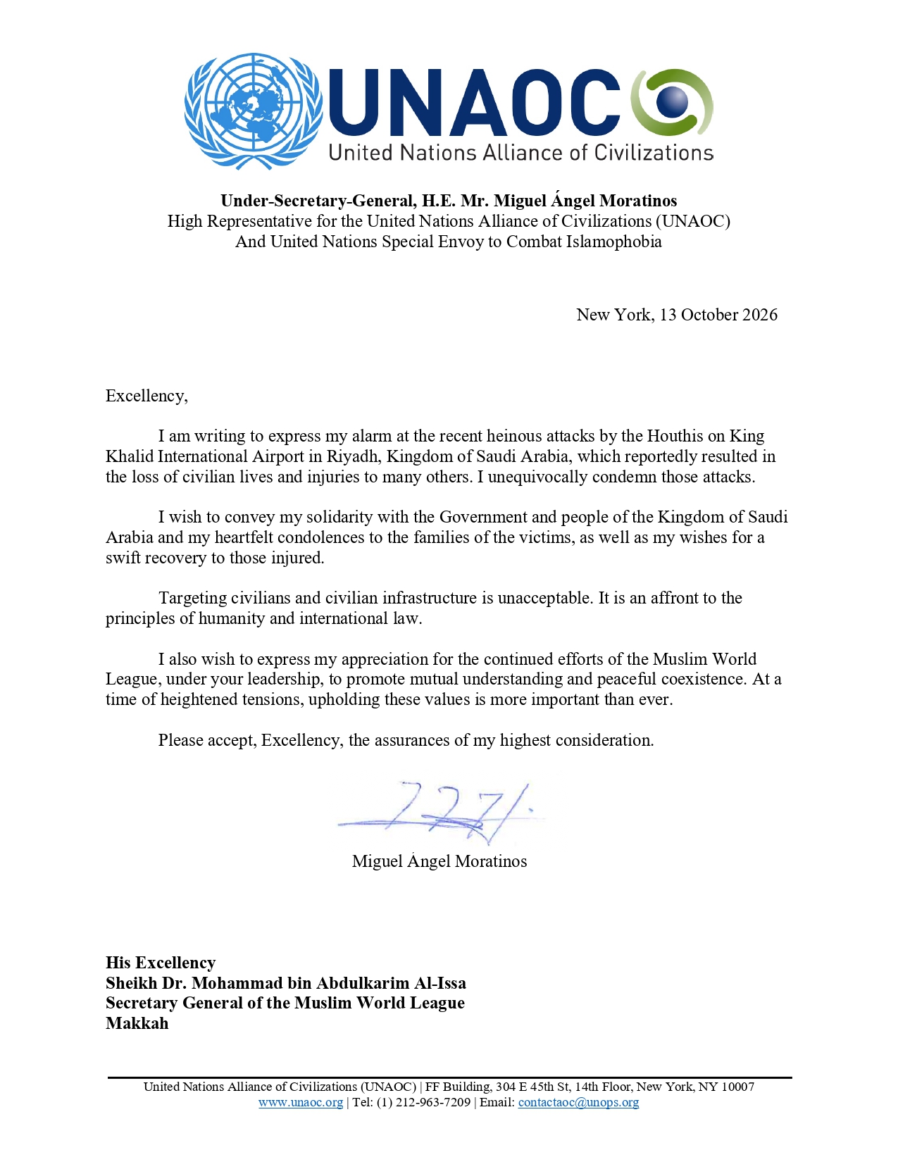 Official Statement of Condemnation and Solidarity from UNAOC