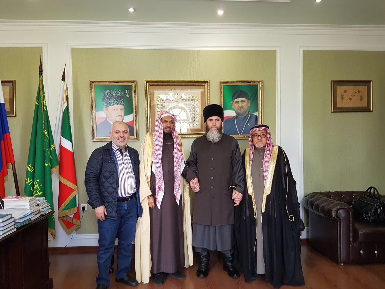 H.E. the Grand Mufti of the Republic of Chechnya, Sheikh Salakh Mezhiev, receives the Secretary-General of the Holy Quran Memorization Int’l Org. Dr. Abdullah Basfar, and the Director-General of the Dept. of Conferences at the MWL Mr. Rahmatullah Enayatul