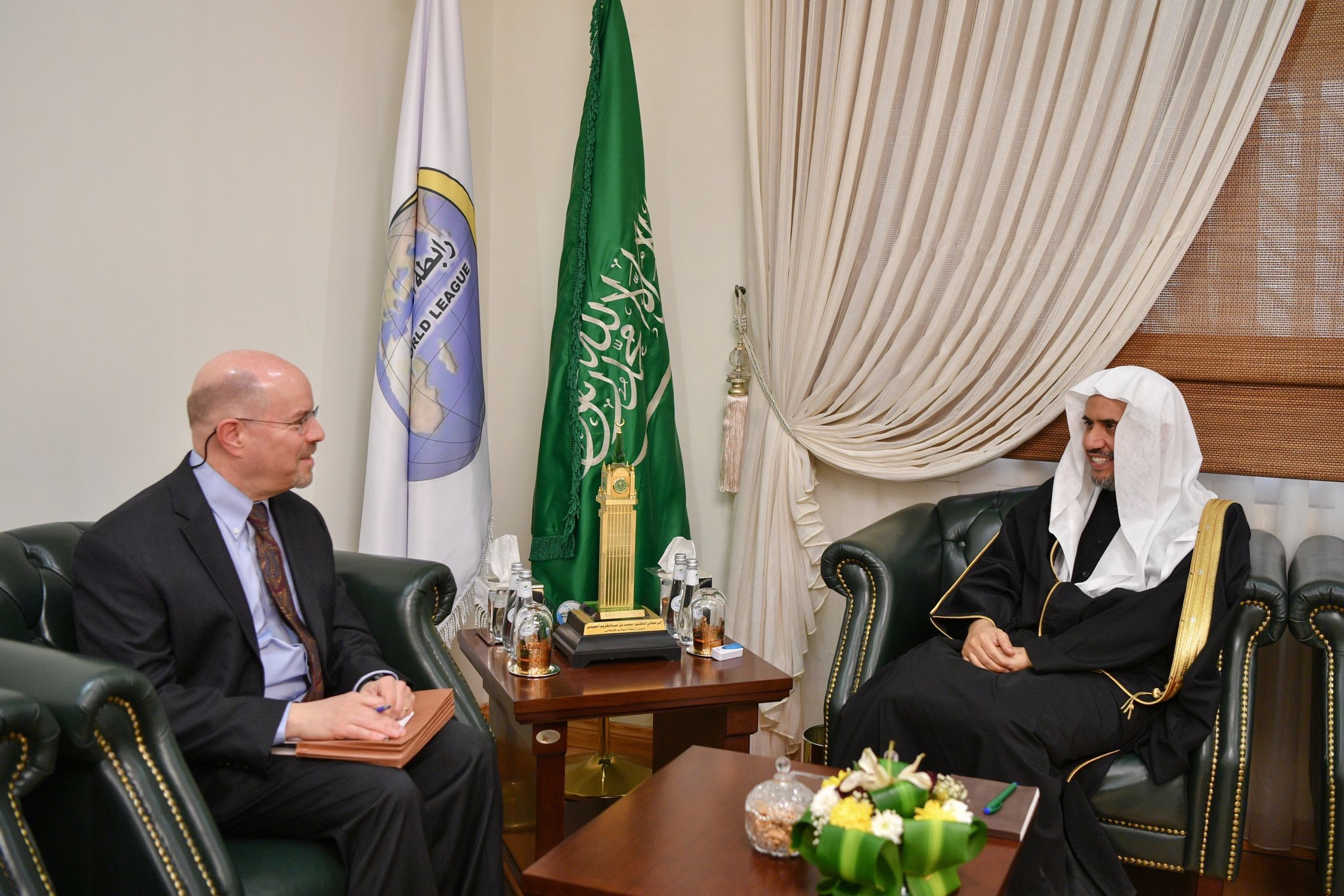 At his Riyadh office, His Excellency the Muslim World League's Secretary General, Dr. Mohammad Alissa, receives the Director of the security & military program at Washington Institute for Near East Policy
