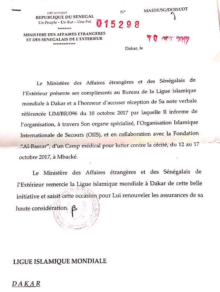 Le Ministre des affaires étrangères sénégalais Siddiq Kaba, remercie la LIM pour son aide médical et le travail de son bureau à Dakar.