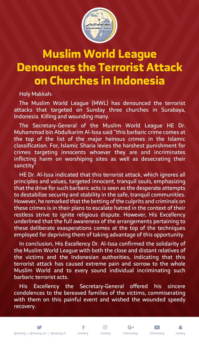 Muslim World League Denounces the Terrorist Attack on Churches in Indonesia