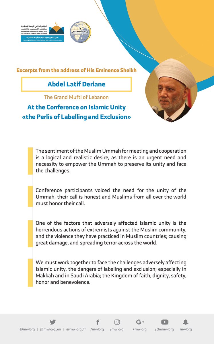 HE Dr. Abdel Latif Deriane addresses 1200 Islamic figures from 127 countries & 28 Islamic Components at the MWL conference on Islamic Unity
