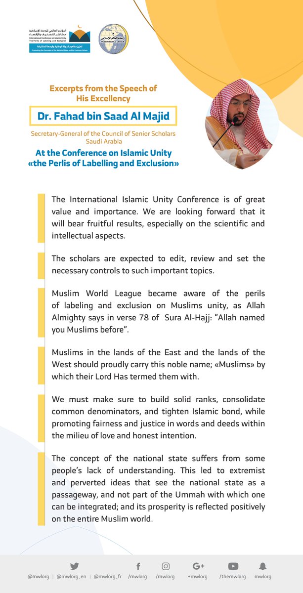 HE Dr. Fahad bin Saad Al Majid addresses 1200 Islamic Figures representing 28 Islamic Components at the MWL conference on Islamic Unity