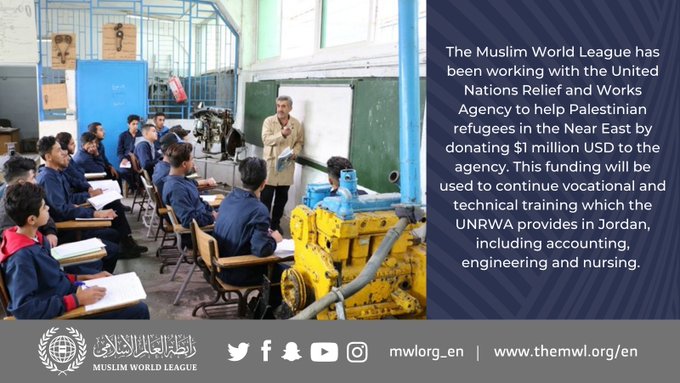 The MWL donated $1 million USD to the United Relief and Works Agency for Palestine Refugees in the Near East
