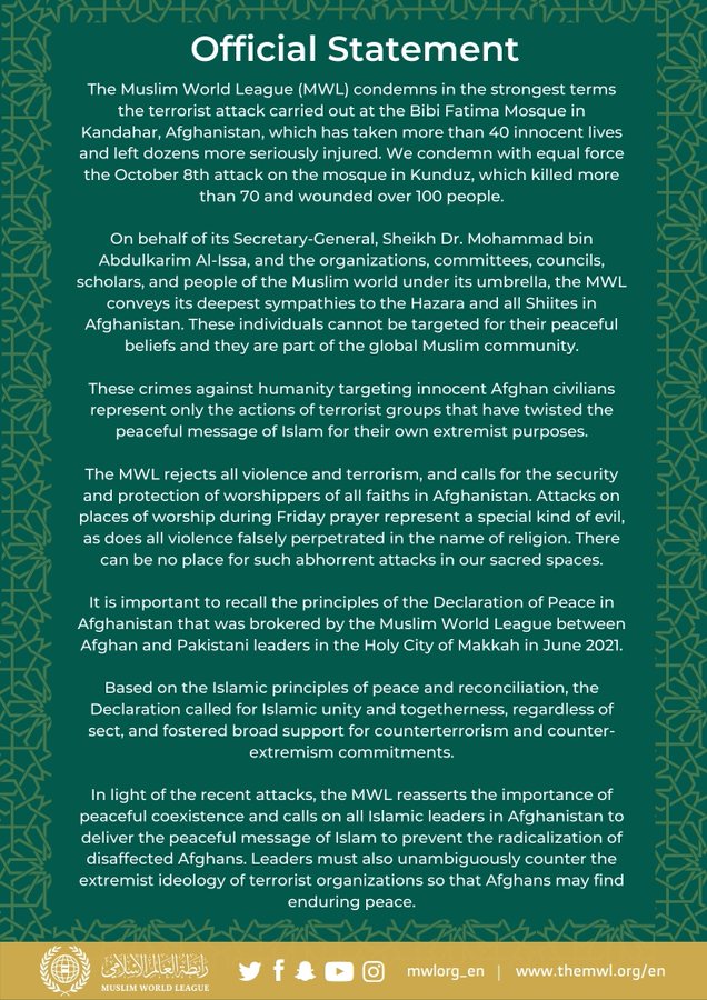 Statement from the Muslim World League on the recent mosque attacks in Afghanistan