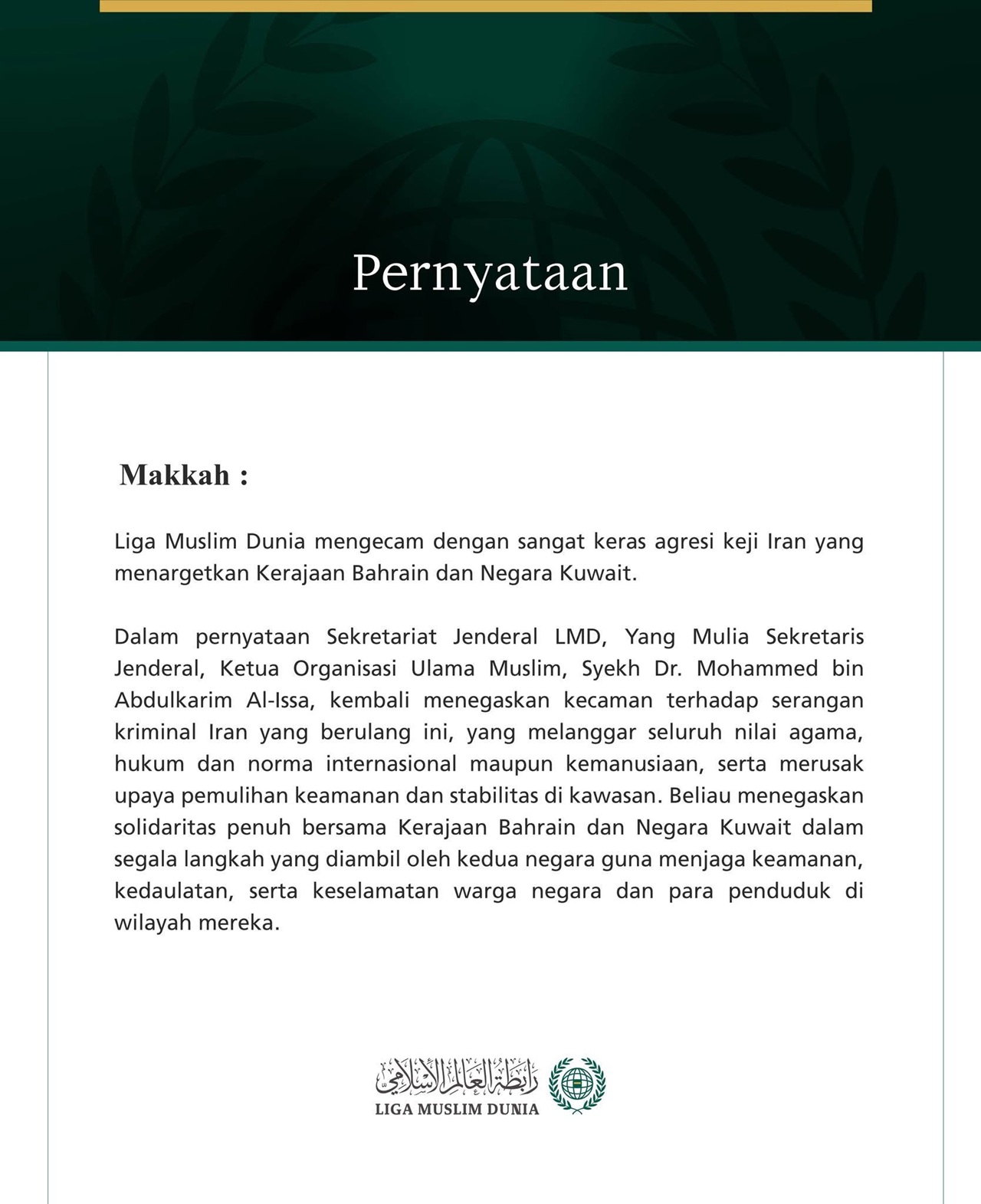 Liga Muslim Dunia Kecam Agresi Keji Iran terhadap Bahrain dan Kuwait
