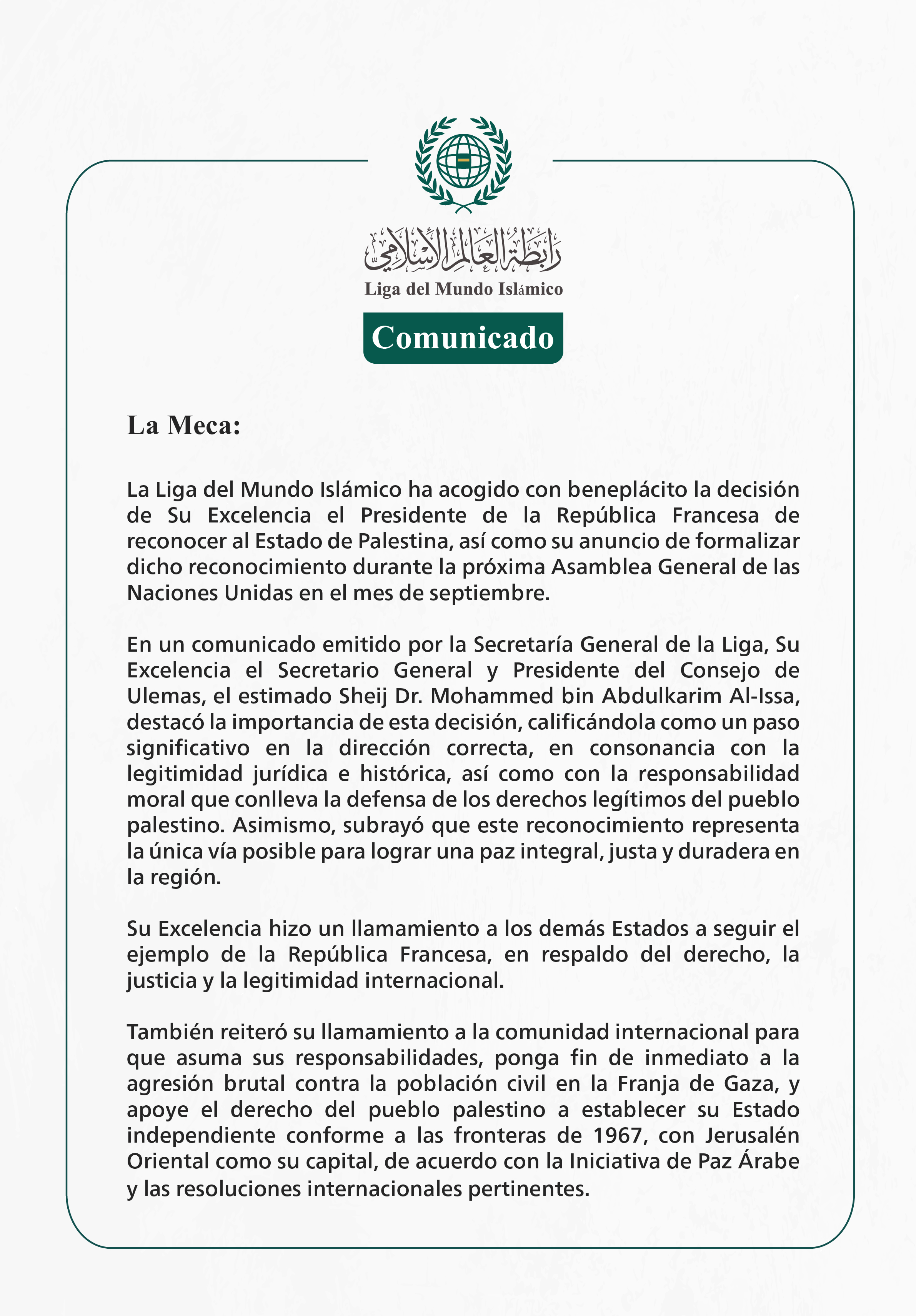 La Liga del Mundo Islámico acoge con beneplácito la decisión del Presidente francés de reconocer al Estado de Palestina