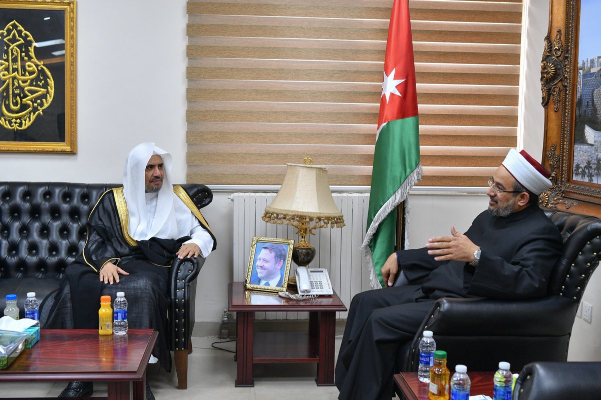 His Excellency the Minister of Endowment & Islamic Affairs & Holy Sanctuaries of the Hashemite Kingdom of Jordan, Sheikh Dr. Abdunnasser Abul Basal receives at his officr at the Ministry HE the Muslim World League's SG.  