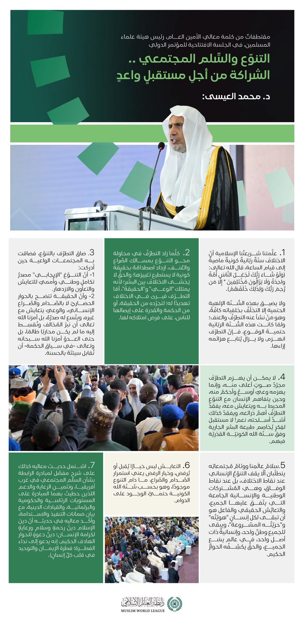 مقتطفات من كلمة معالي الأمين العام، رئيس هيئة علماء المسلمين، الشيخ د. ⁧‫محمد العيسى‬⁩ ‬⁩، خلال انطلاق مبادرةِ الرابطة للسِّلم المجتمعيّ في غرب أفريقيا، بالعاصمة النيجيرية “أبوجا”