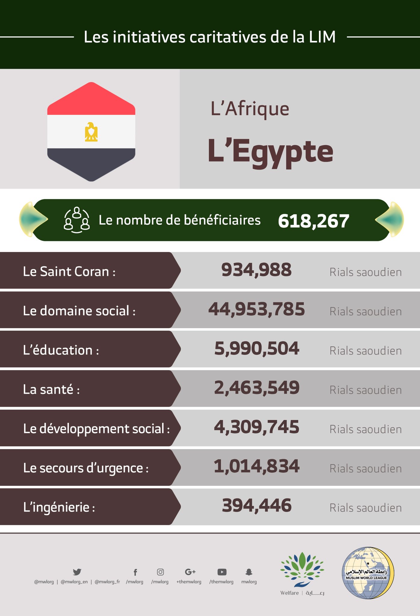 Le nombre total de bénéficiaires en Egypte des initiatives de la Ligue Islamique Mondiale s’élève à 618 267 personnes.
