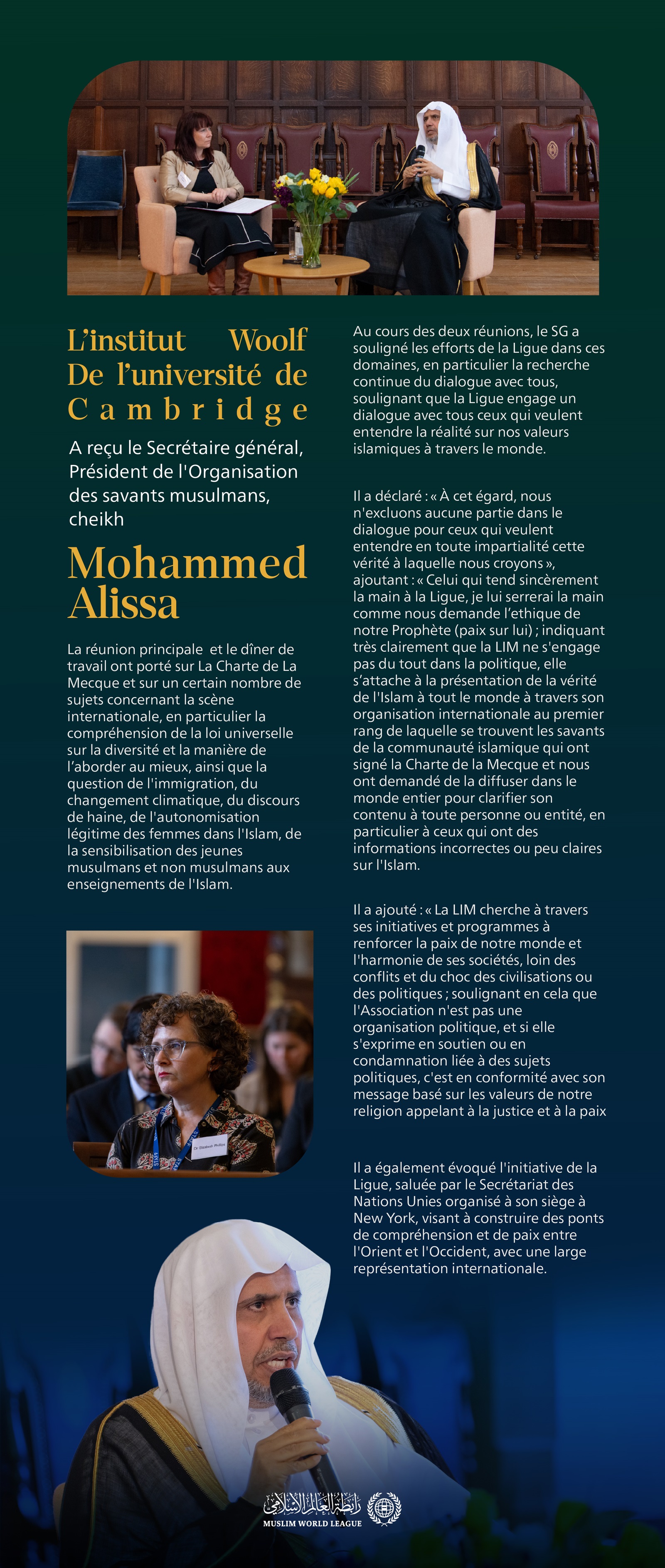 le Secrétaire général, cheikh Mohammed Alissa, a passé en revue le contenu de La Charte Mecque, l’autonomisation des femmes, l'immigration, le changement climatique et un certain nombre de questions islamiques et humanitaires urgentes.