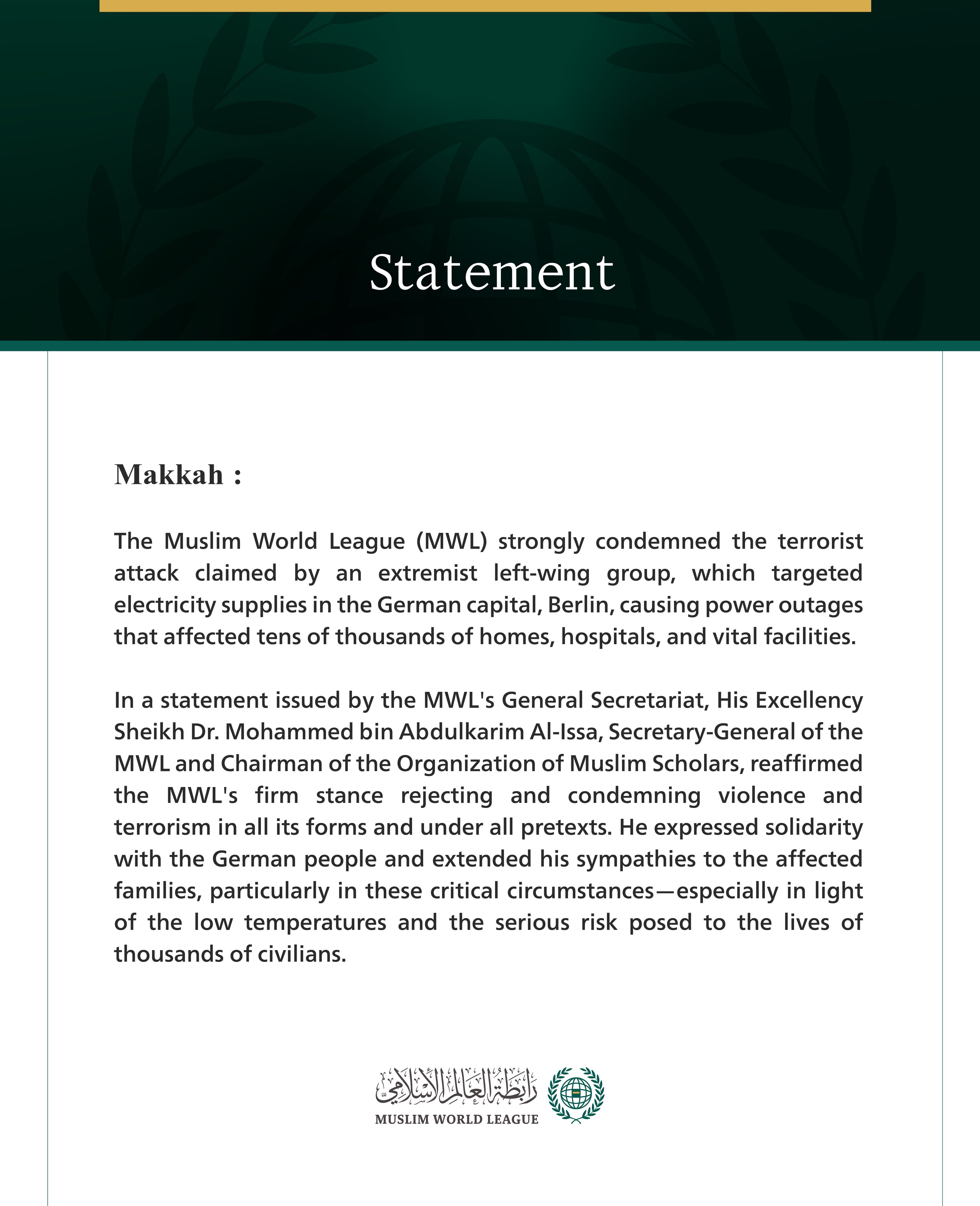 The Muslim World League Condemns the Terrorist Attack Targeting Electricity Supplies in the German Capital