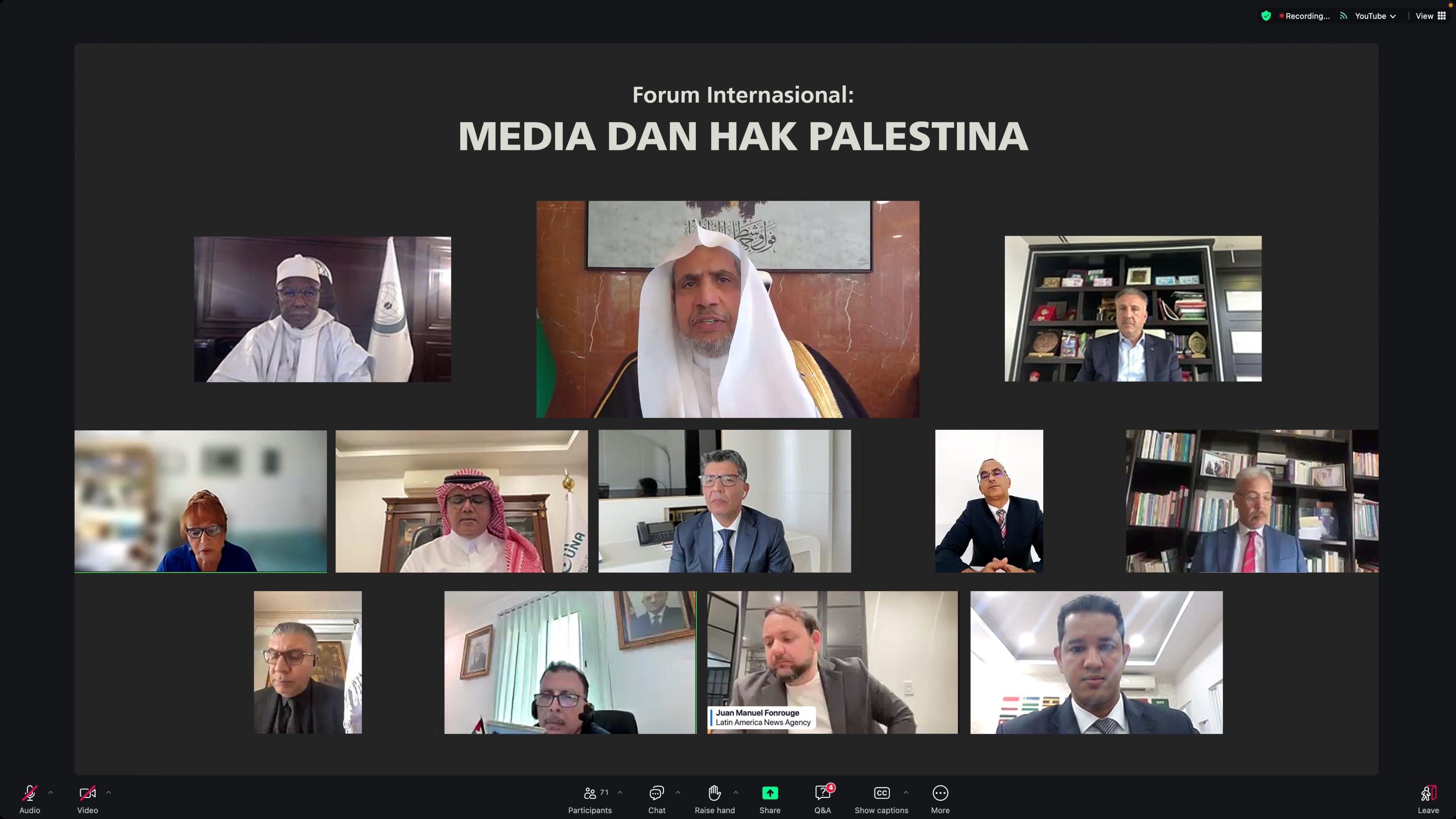 Sedang berlangsung: Peluncuran Forum Internasional: “Media dan Hak Palestina.. berfokus pada langkah-langkah praktis untuk membangun inisiatif pengakuan Palestina”