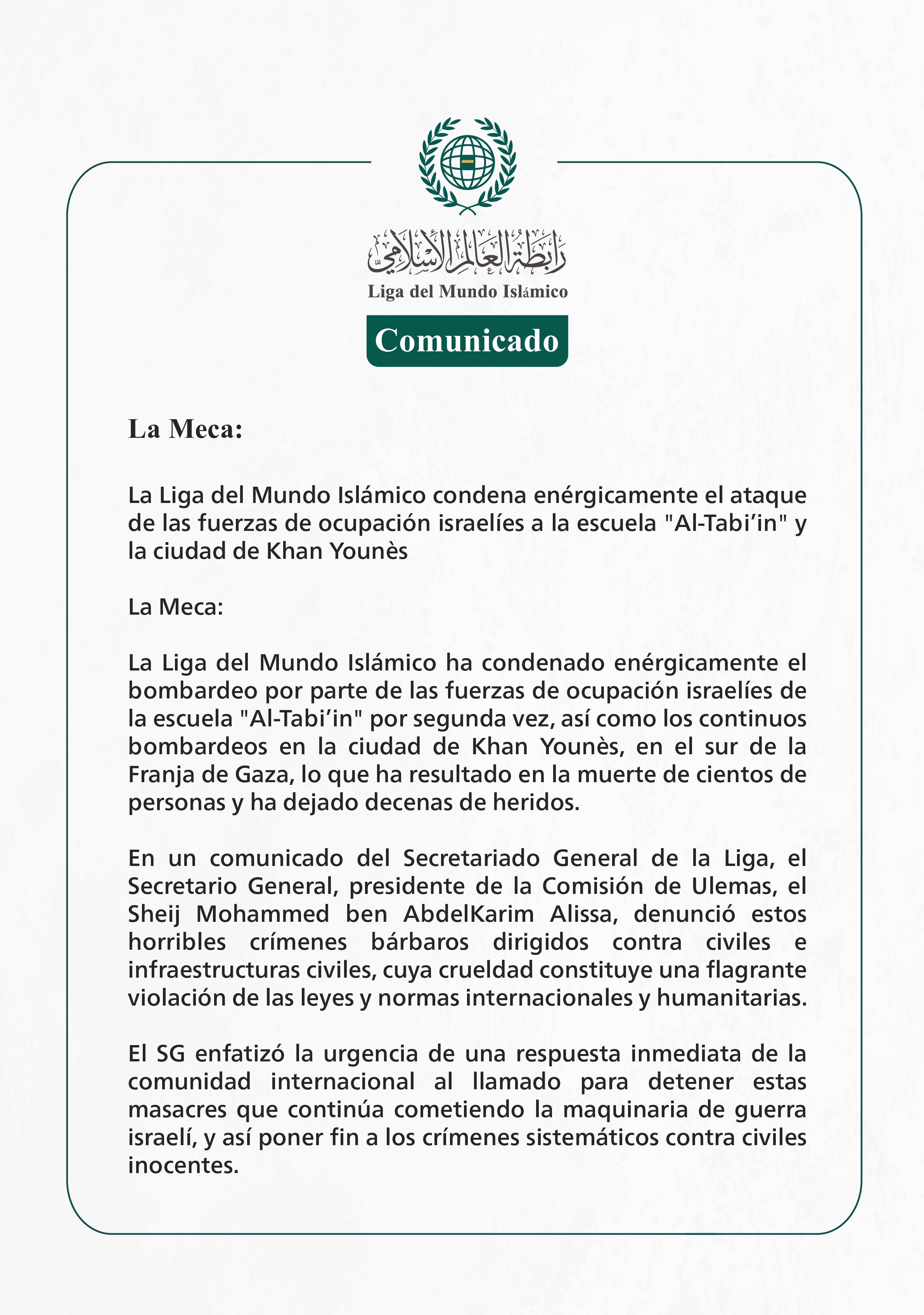 Comunicado de la LigadelMundoIslamico: