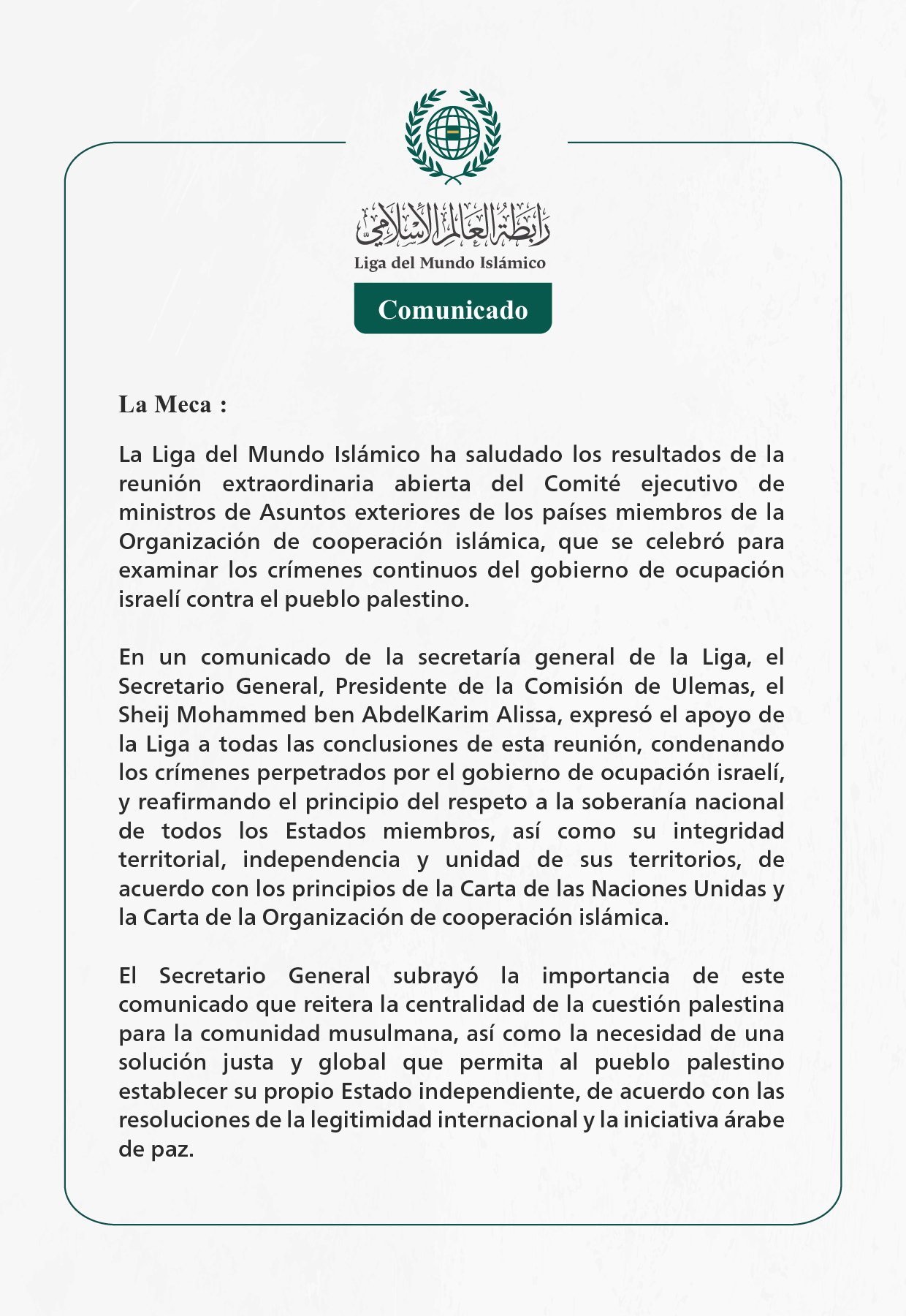 Comunicado de la LigadelMundoIslamico: