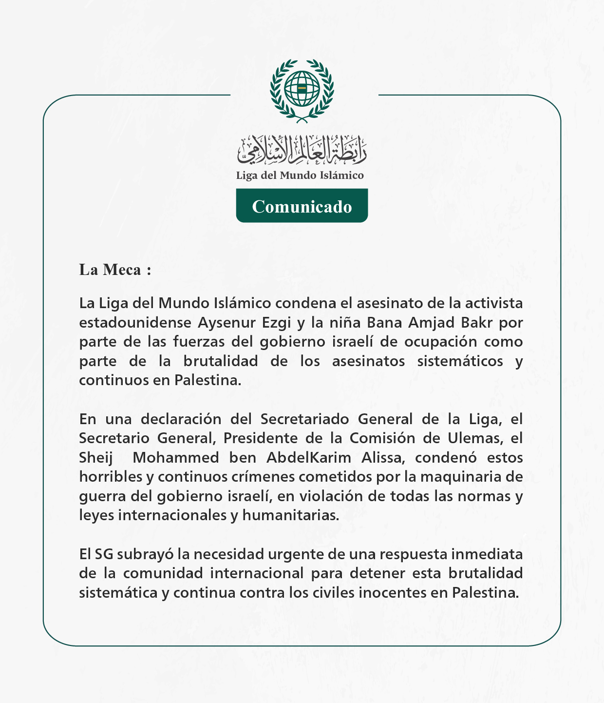 Comunicado de la LigadelMundoIslamico: