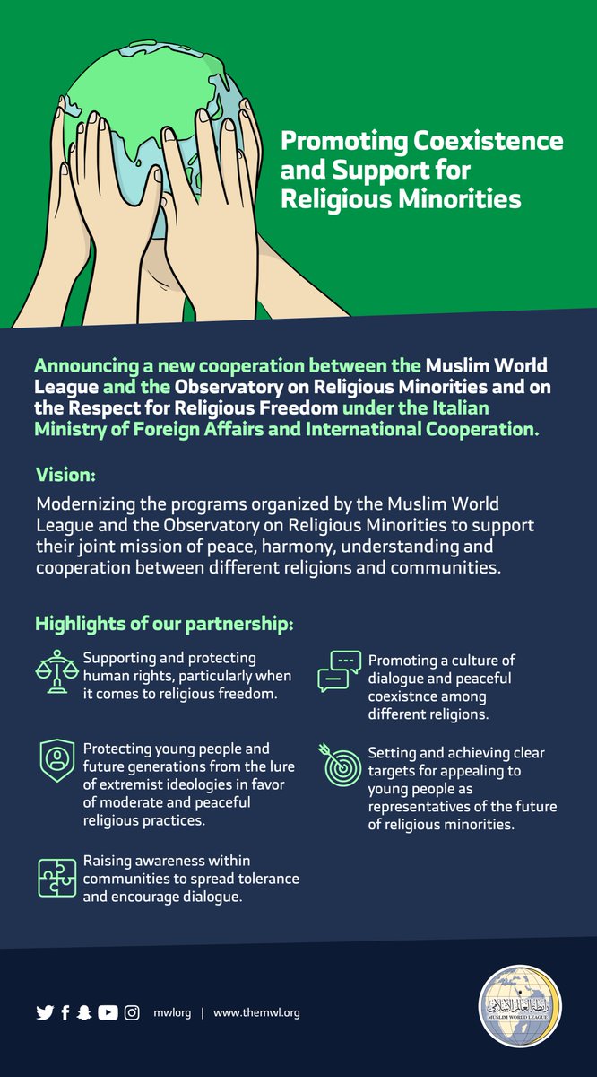 The Muslim World League will be working with the Observatory on Religious Minorities and on the Respect for Religious Freedom in Italy to support a joint mission of peace, harmony
