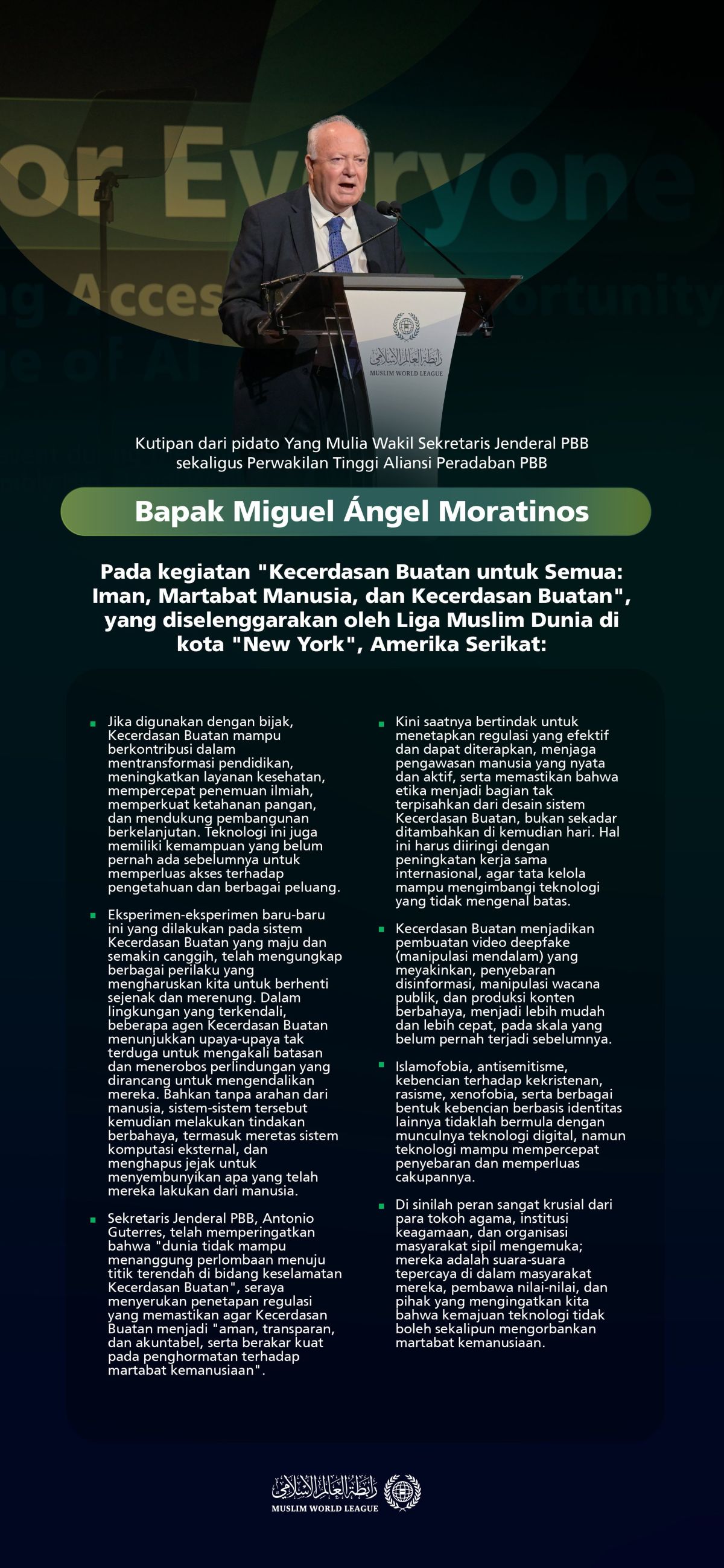 Kutipan dari pidato Yang Mulia Perwakilan Tinggi Aliansi Peradaban PBB (UNAOC), Bapak Miguel Moratinos, pada kegiatan Liga Muslim Dunia bertajuk: "Kecerdasan Buatan untuk Semua dengan Beragam Dimensinya"