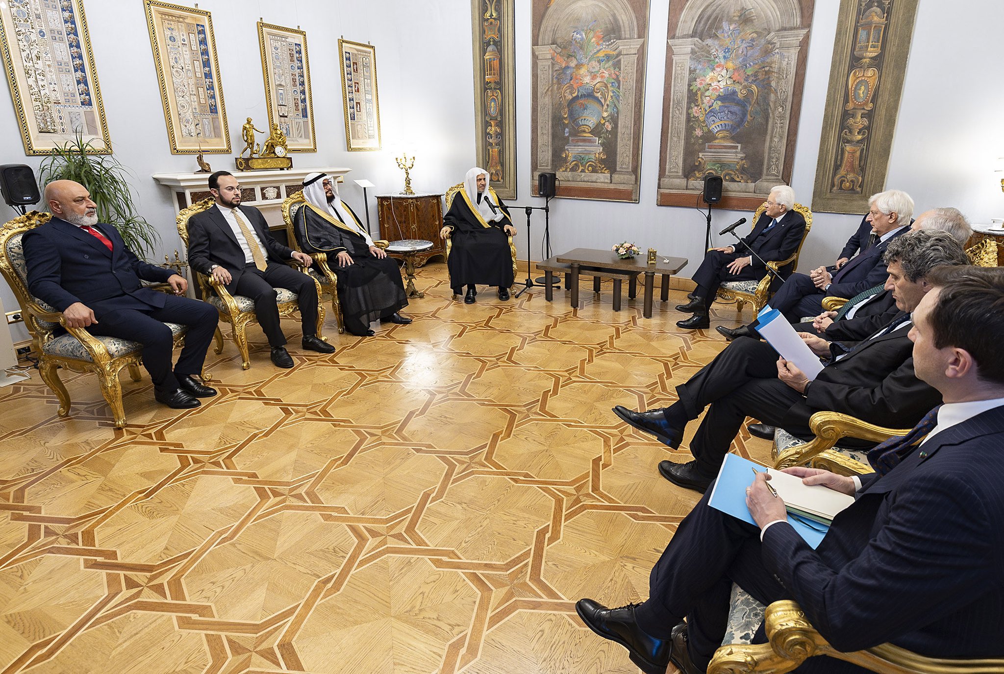 His Excellency Sergio Mattarella, President of the Italian Republic, welcomed His Excellency Sheikh Dr. Mohammed Alissa, Secretary-General of the Muslim World League and Chairman of the Organization of Muslim Scholars, at the Presidential Palace in Rome.