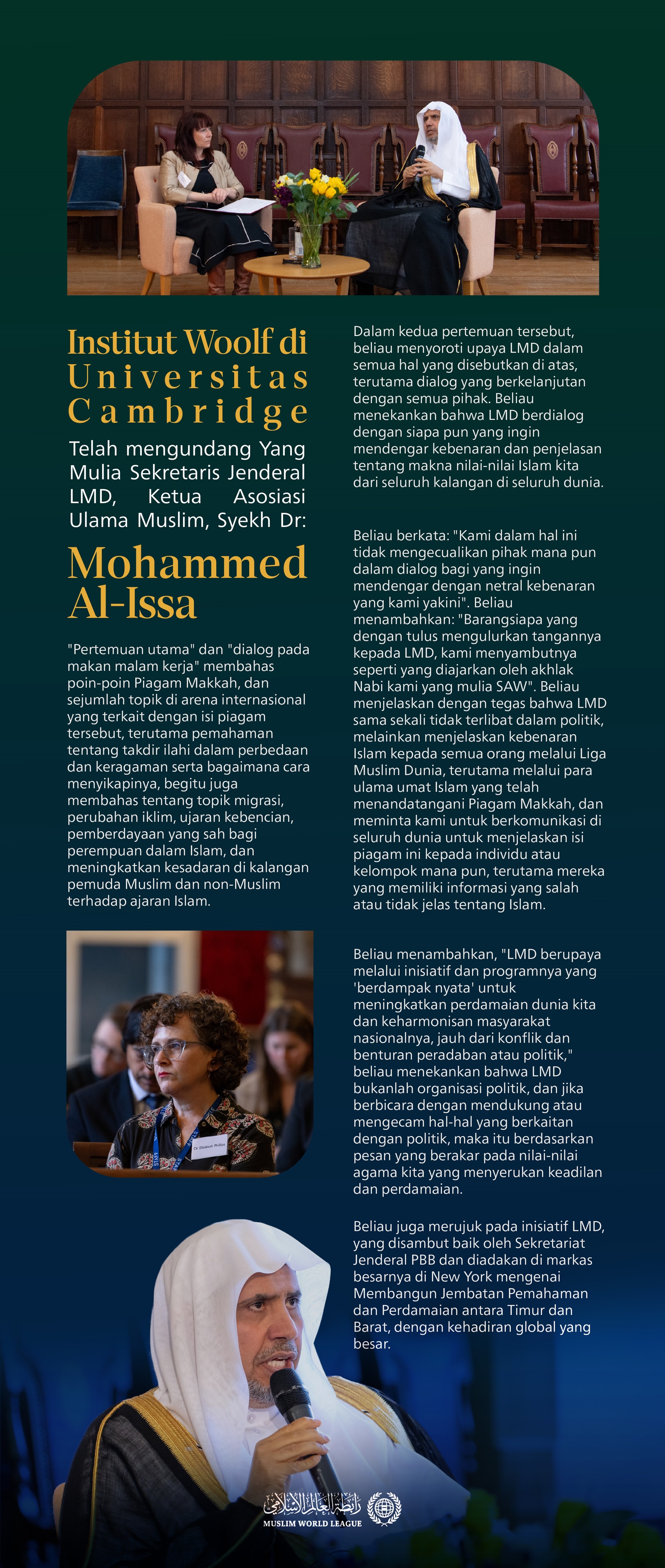 Yang Mulia Sekretaris Jenderal LMD, Syekh Dr. Mohammed Alissa, memaparkan isi dari Piagam Makkah, serta isu-isu tentang perempuan, migrasi, perubahan iklim, dan sejumlah topik Islam dan kemanusiaan yang mendesak.