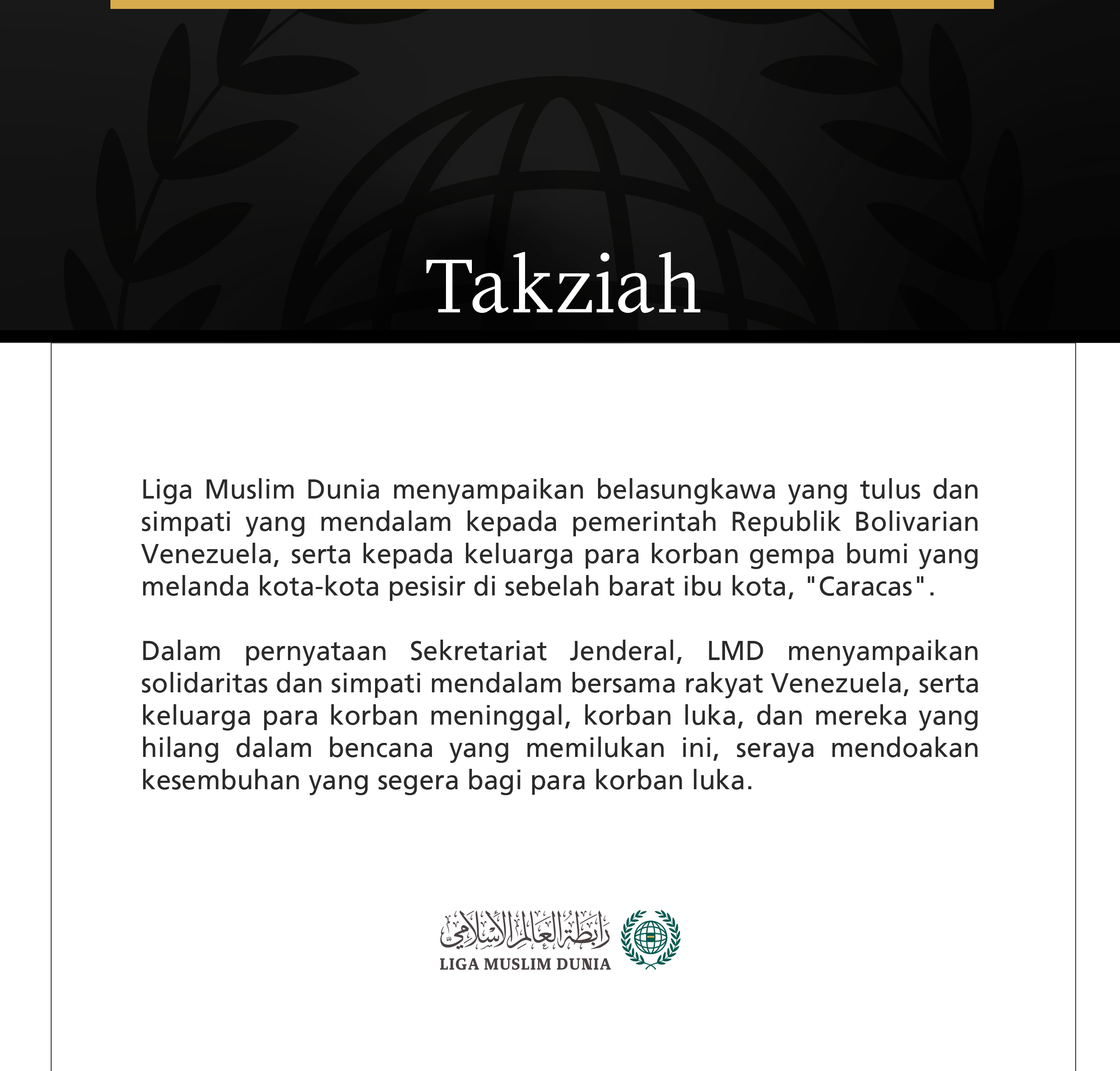 Liga Muslim Dunia Sampaikan Belasungkawa kepada Republik Venezuela atas Korban Gempa Bumi