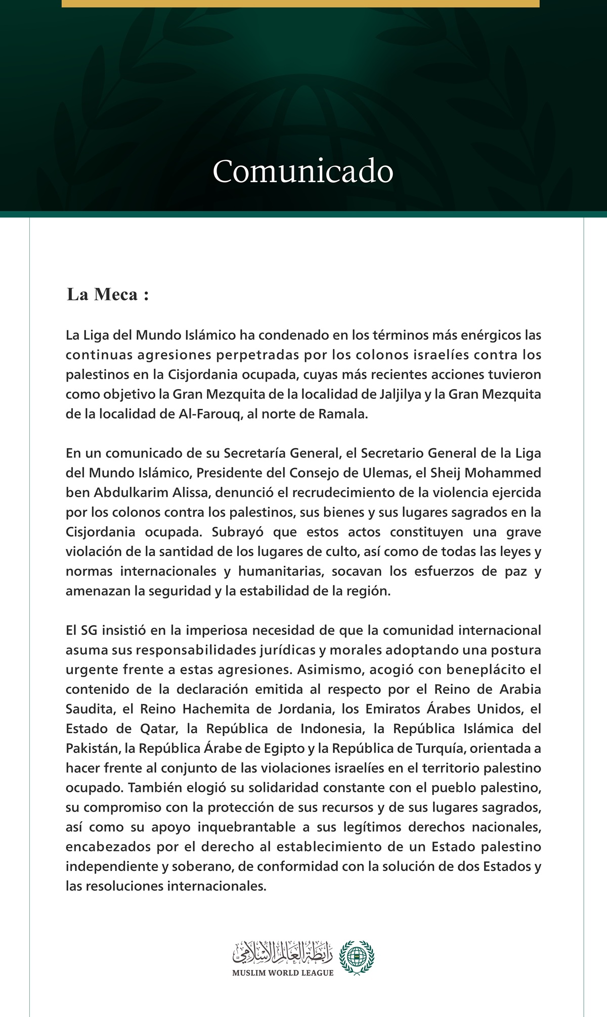 La Liga del Mundo Islámico condena las crecientes agresiones de los colonos contra los palestinos en la Cisjordania ocupada.