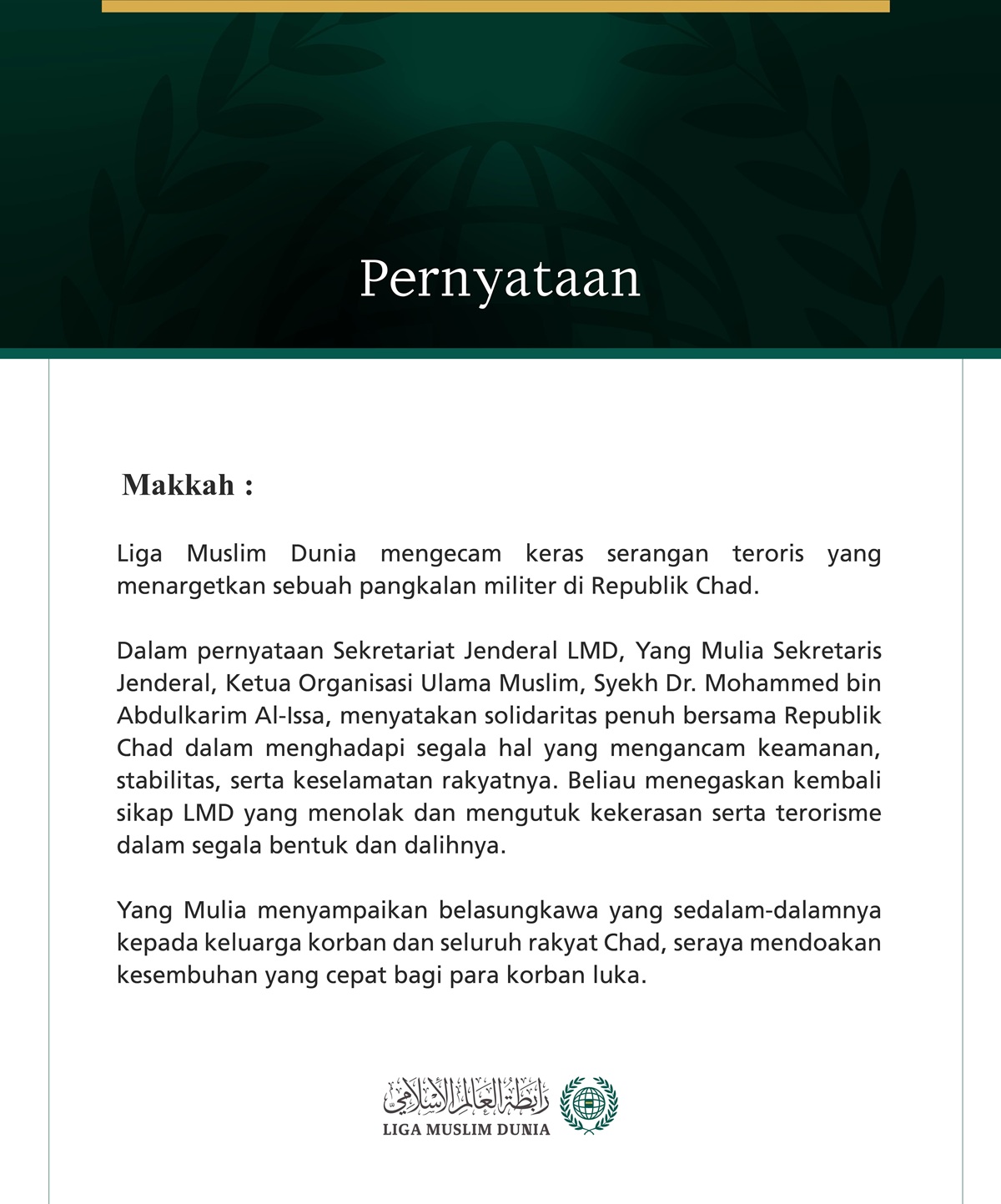 Liga Muslim Dunia Kecam Serangan Teroris Terhadap Pangkalan Militer di Chad