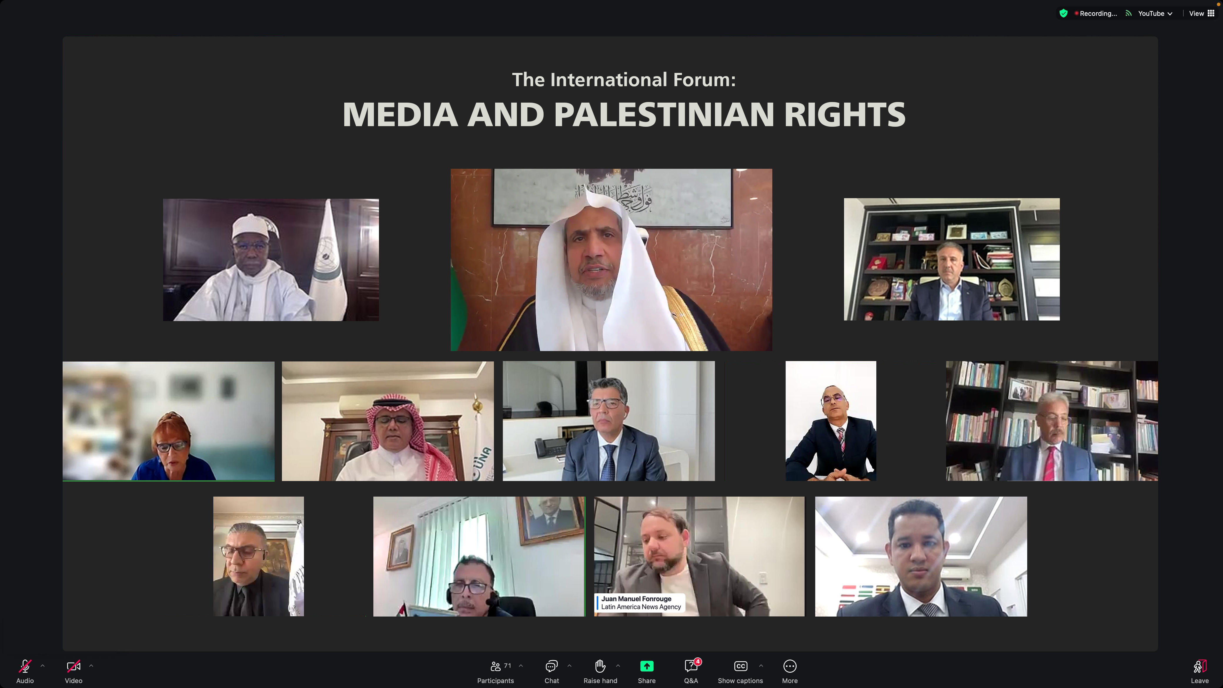 The launch of the International Forum: Media and Palestinian Rights, focusing on practical steps to build on initiatives to recognize Palestine