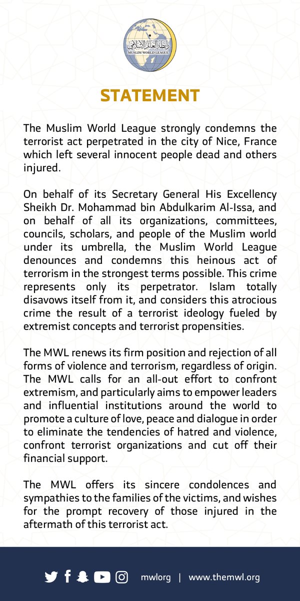 The Muslim World League condemns the attack in Nice, France in the strongest terms possible