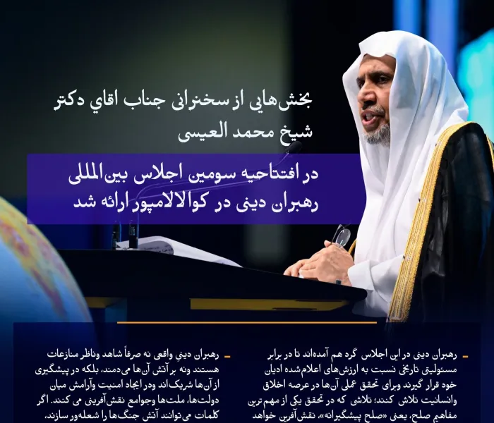 بخش‌هایی از سخنرانی اصلی جناب اقاي دکتر شيخ محمد العیسی،  , دبیرکل سازمان همبستگي جهان اسلام و رئیس انجمن علمای مسلمان، در افتتاحیه سومین اجلاس بین‌المللی رهبران دینی در کوالالامپور، پایتخت مالزی، ارائه شد.