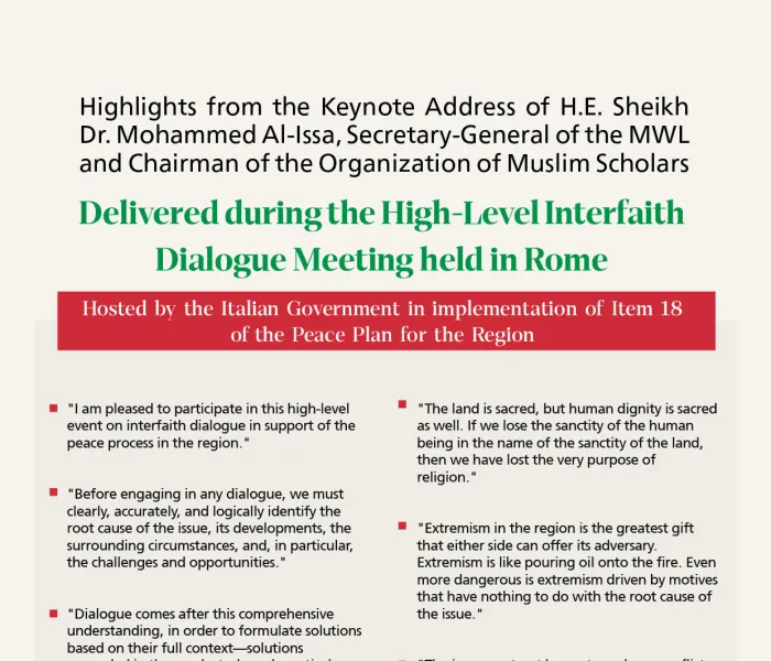 Highlights from the address by H.E. Sheikh Dr. Mohammed Al-Issa, Secretary-General of the Muslim World League (MWL) and Chairman of the Organization of Muslim Scholars, delivered remotely at the High-Level Interreligious Dialogue Meeting held in Rome and hosted by the Government of Italy.