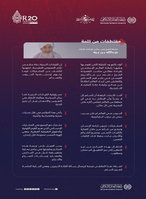 أبرز النقاط التي تطرَّق إليها فضيلة الشيخ عبدالله بن بيّه، رئيس مجلس الإمارات للإفتاء، خلال أعمال القمة الدينية لمجموعة العشرين في بالي: