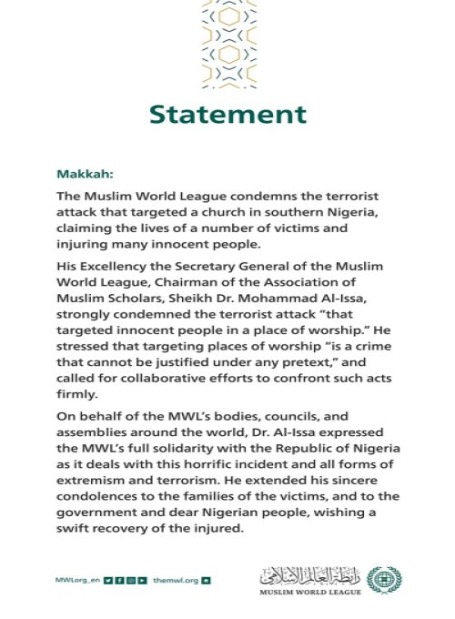 Statement from the Muslim World League: