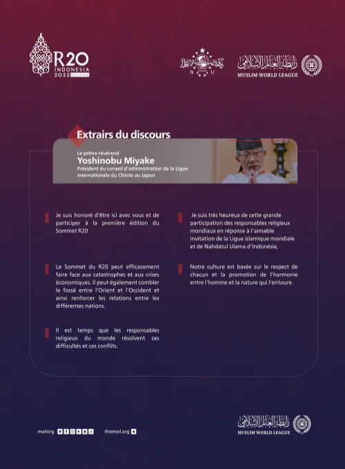 Extraits du discours du président du Conseil d’administration de la Ligue Chinto au Japon, le prêtre révérend Yoshinobu Miyake, lors du SommetR20 à Bali :