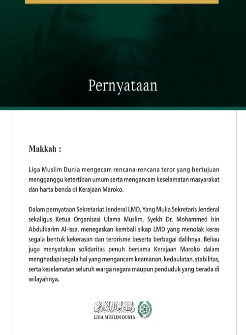 Liga Muslim Dunia Mengecam Rencana Teror yang Menargetkan Kerajaan Maroko