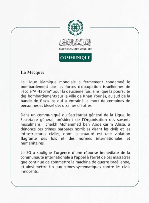 Communiqué de la Ligueislamiquemondiale :