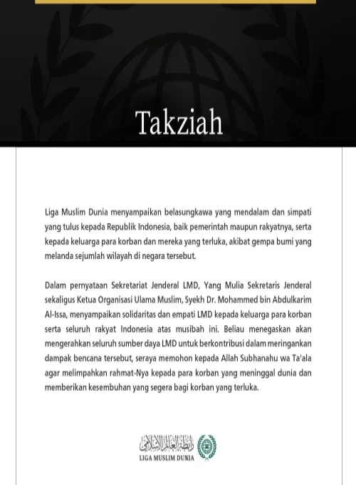 Liga Muslim Dunia Menyampaikan Belasungkawa kepada Indonesia atas Para Korban Gempa Bumi yang Melanda Negara Tersebut