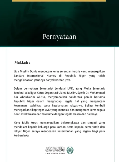 Liga Muslim Dunia Kecam Serangan Teroris yang Menargetkan Bandara Internasional Niamey