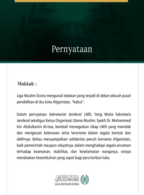 Liga Muslim Dunia Mengecam Ledakan di Dekat Pusat Pendidikan di Kabul