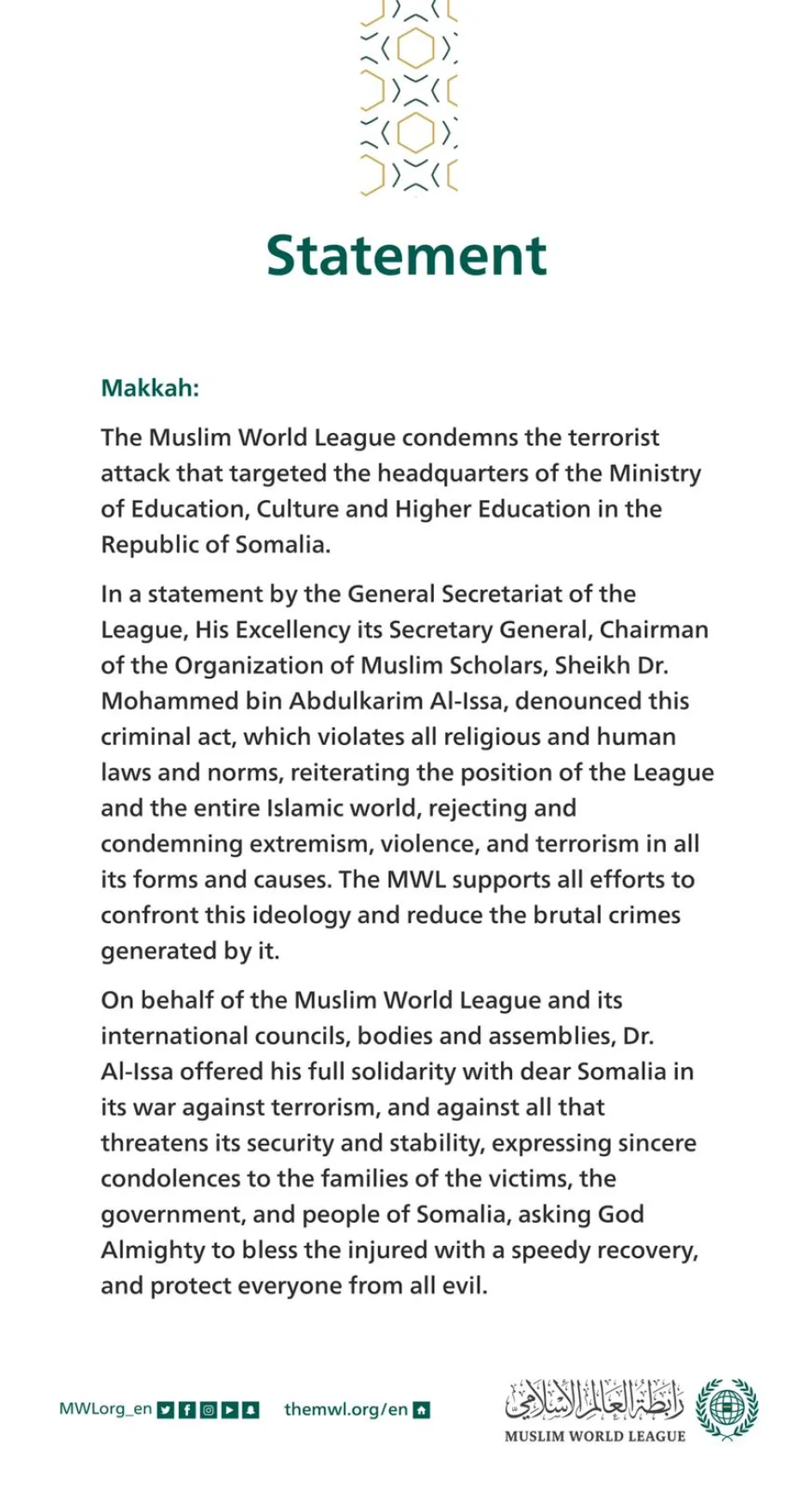 Statement from the Muslim World League | Muslim World League