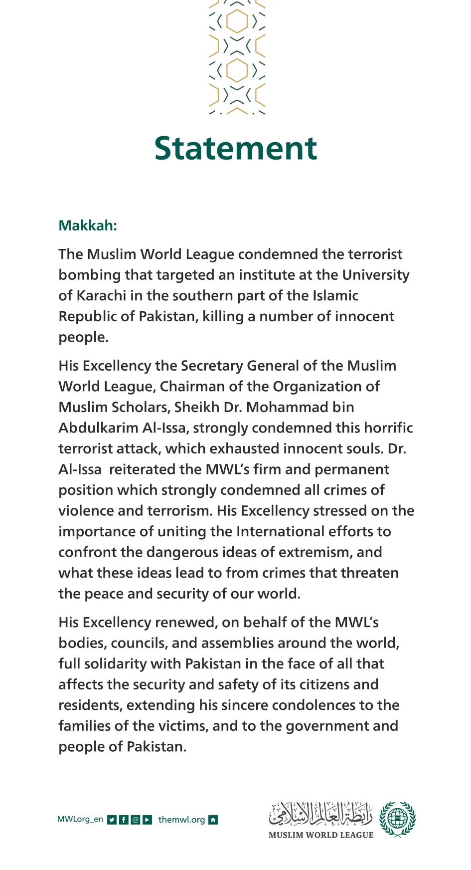 Statement from the Muslim World League:‬⁩ | Muslim World League