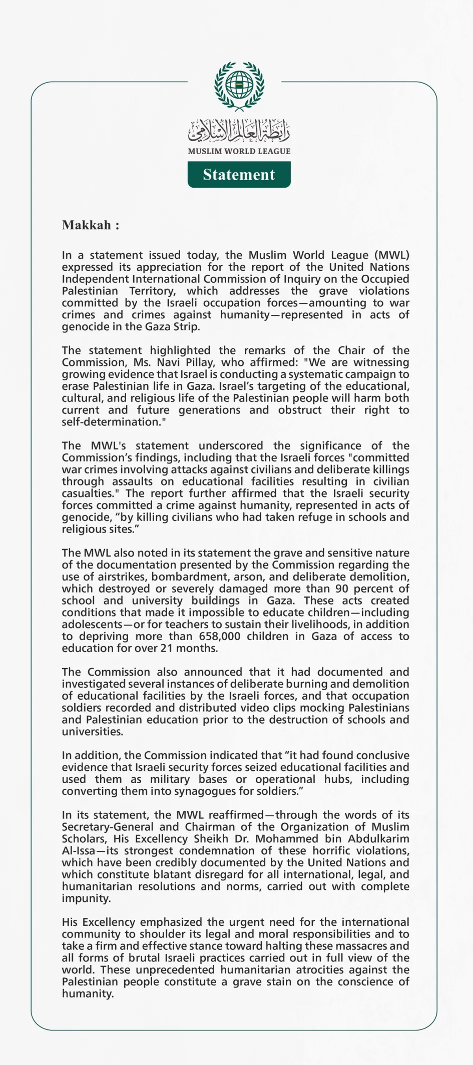 The Muslim World League Welcomes the Report of the United Nations ...