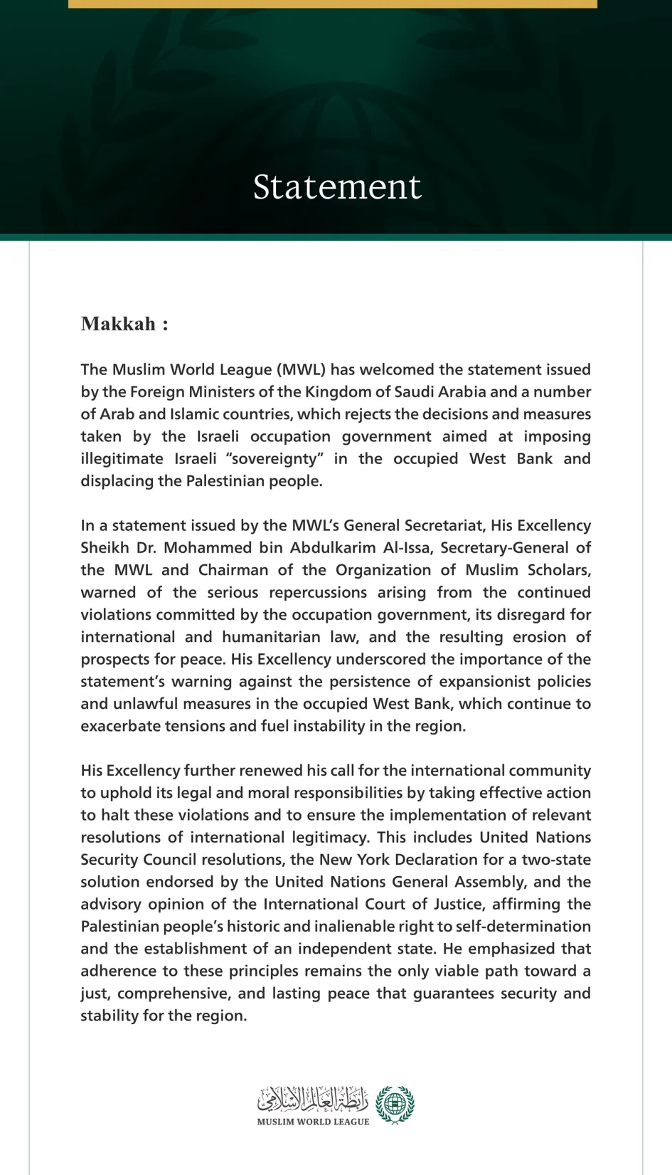 The Muslim World League Commends the Statement Issued by the Foreign ...