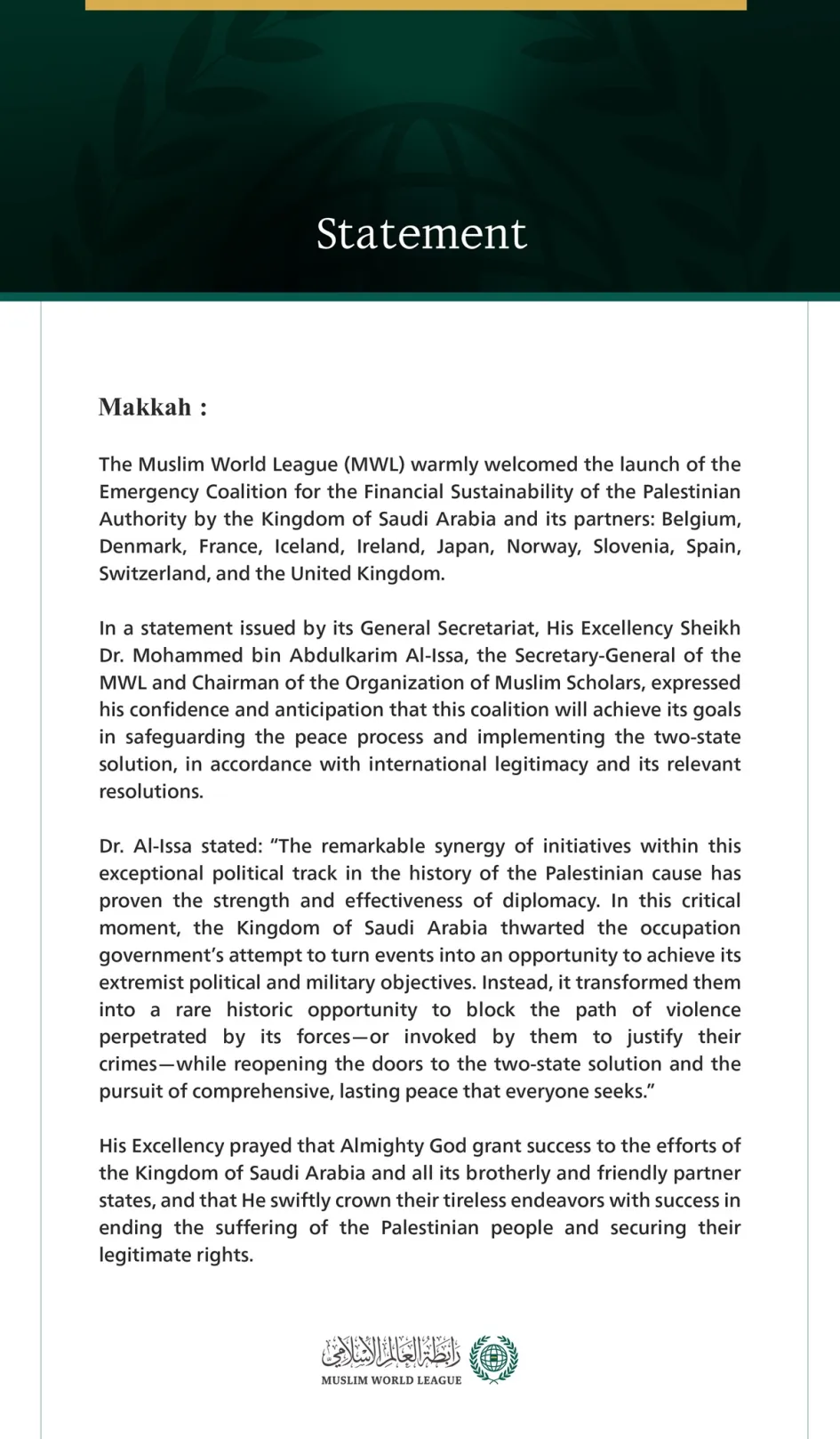 The Muslim World League Welcomes the Launch of the “Emergency Coalition ...
