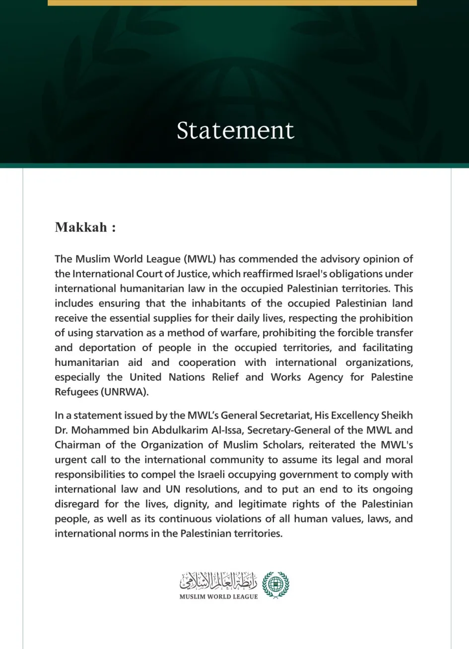 The Muslim World League (MWL) Commends the Advisory Opinion of the ...