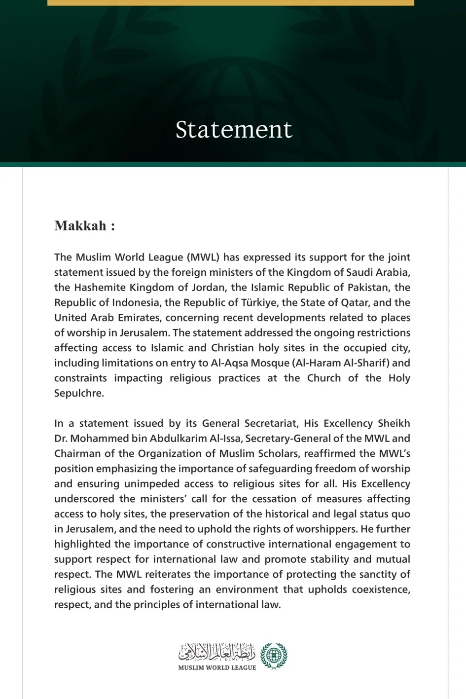 The Muslim World League Expresses Support for the Arab-Islamic ...