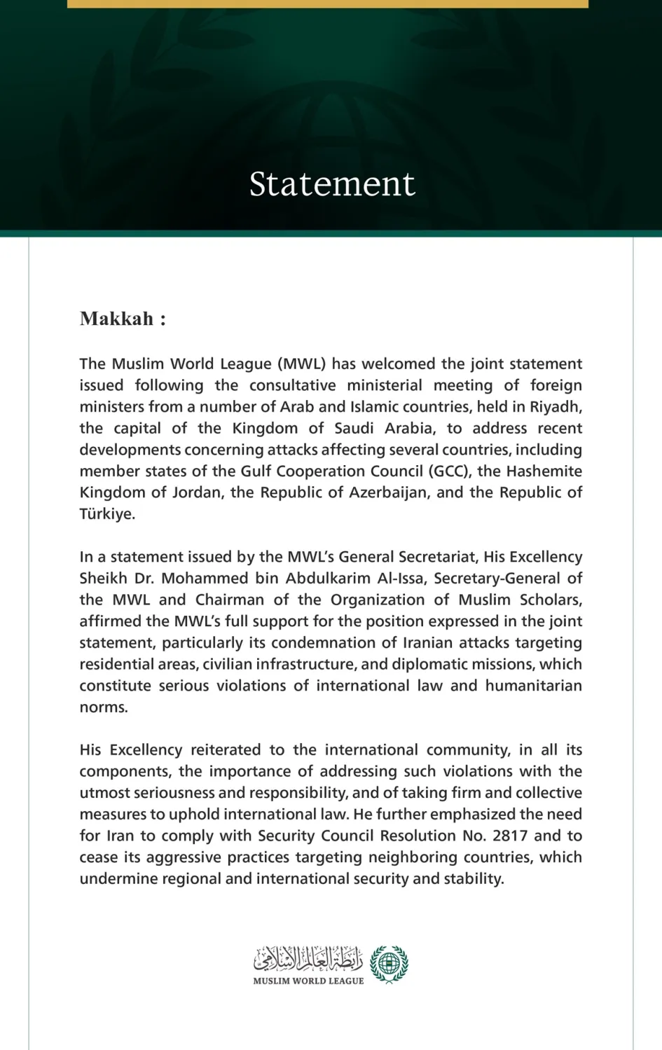 The Muslim World League Welcomes the Joint Statement Issued by the ...