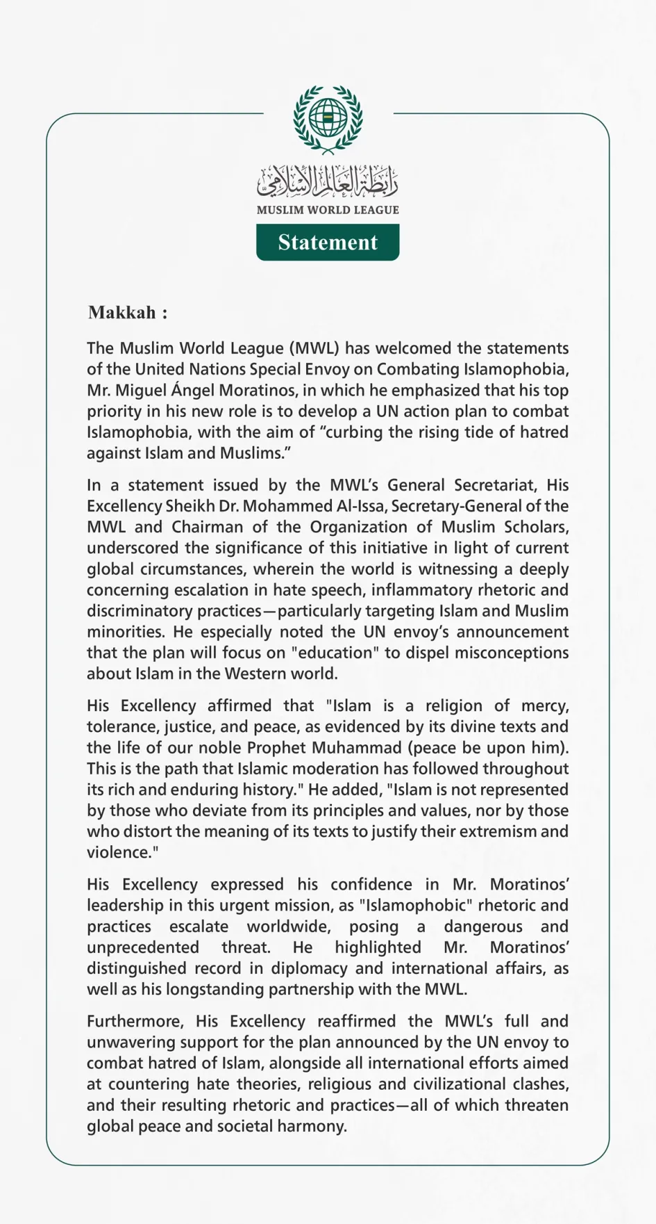 The Muslim World League Welcomes UN Special Envoy’s Announcement of a ...